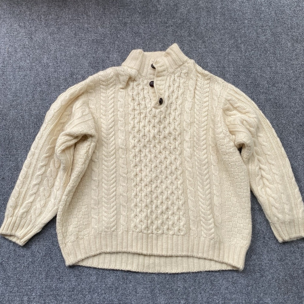 L.L. Bean Fisherman Sweater Pullover Men 2XL Cream Mock Neck Button Made Ireland